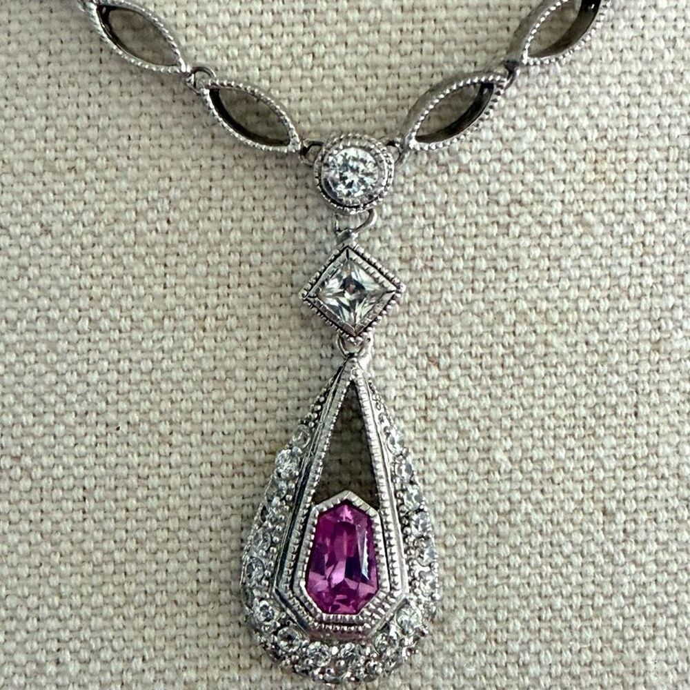 925 FAS Sterling Silver Art Deco Style Pink Sapphire Necklace